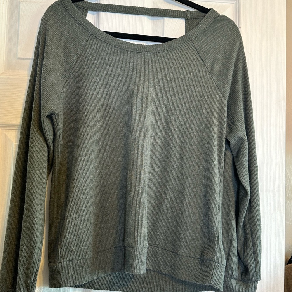 Ribbed Knit Top Open Back Long Sleeve Casual Olive Green Shirt